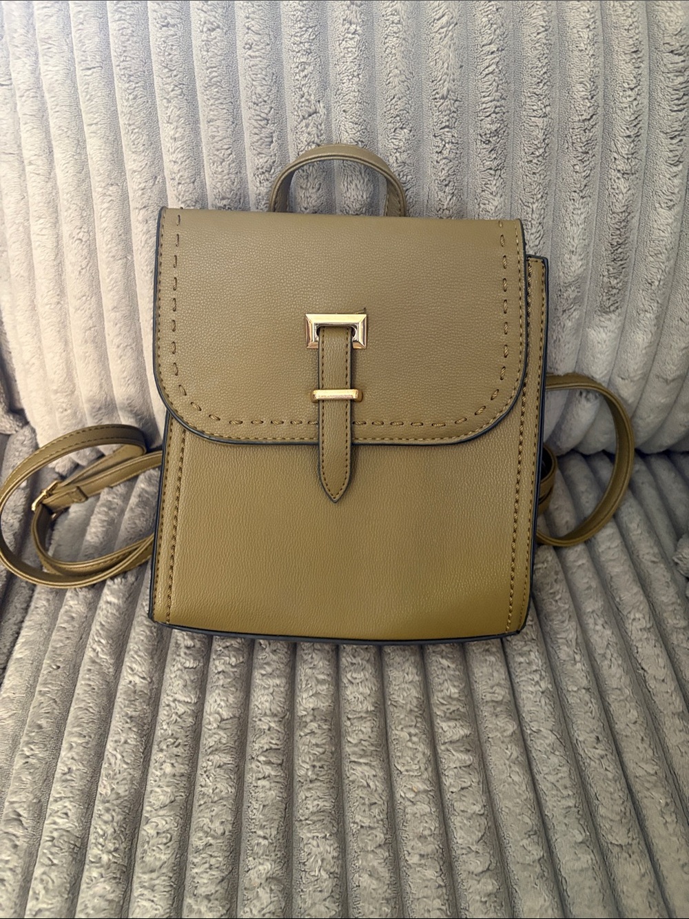 Olive green faux leather structured mini backpack with gold hardware